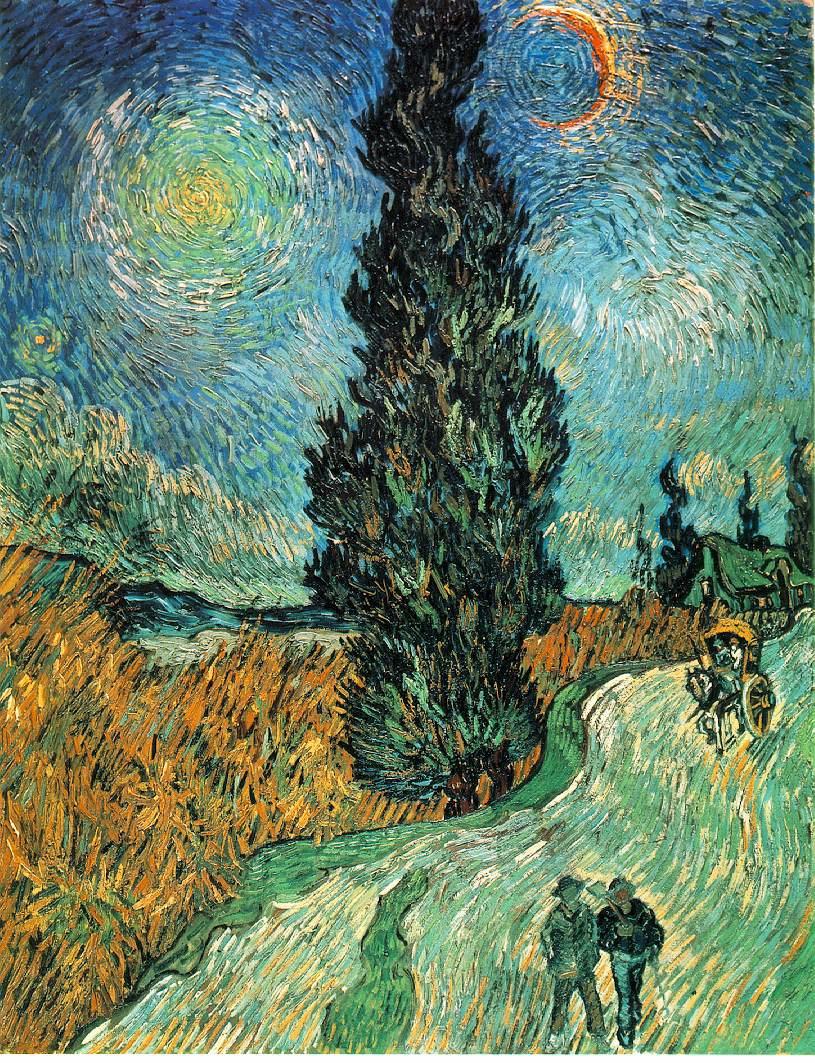 Van Gogh - Strada con cipressi e stelle